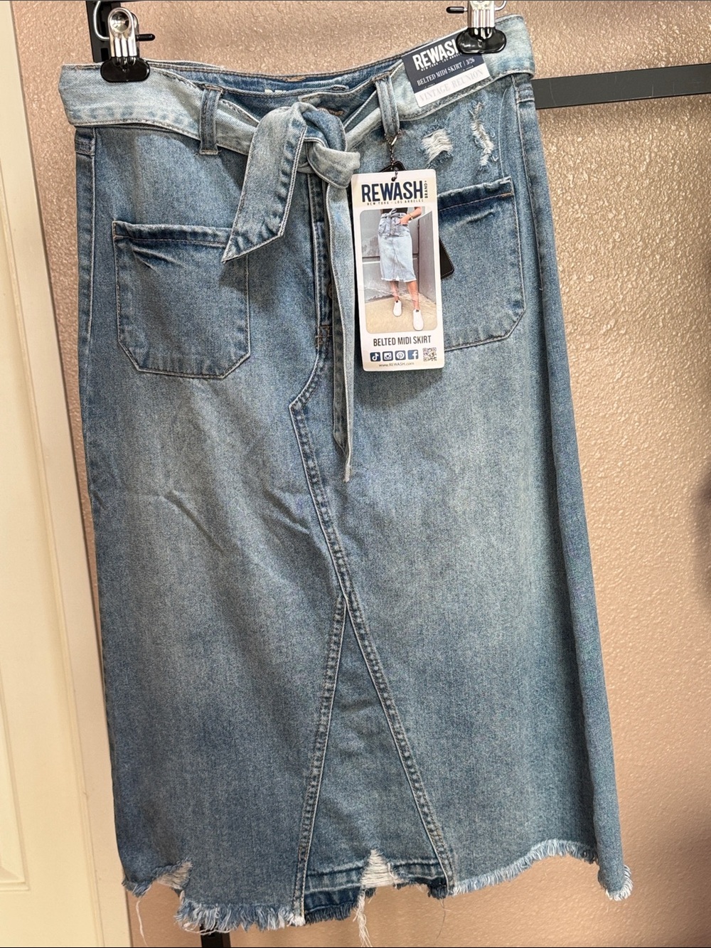 Rewash Distressed Light Blue Denim Belted Midi Skirt with Front Pockets
